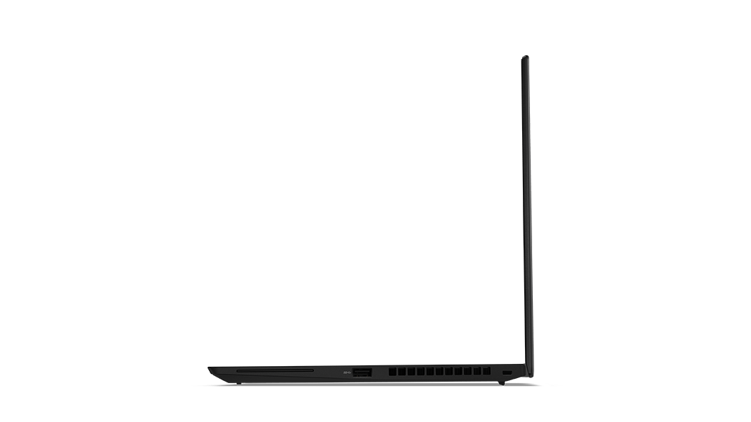 Zijaanzicht van Lenovo ThinkPad T14s Gen 2-laptop in Black, ongeveer 90 graden geopend, met poorten aan rechterkant.