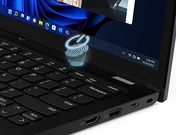 Bärbara ThinkPad L13 Yoga Gen 3 med närbild av fingeravtrycksläsaren