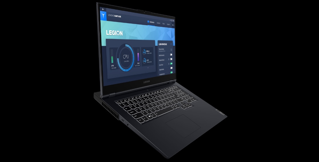 Legion 5i Gen 6 (17″ Intel) facing right, left side view, screen on with Lenovo Vantage