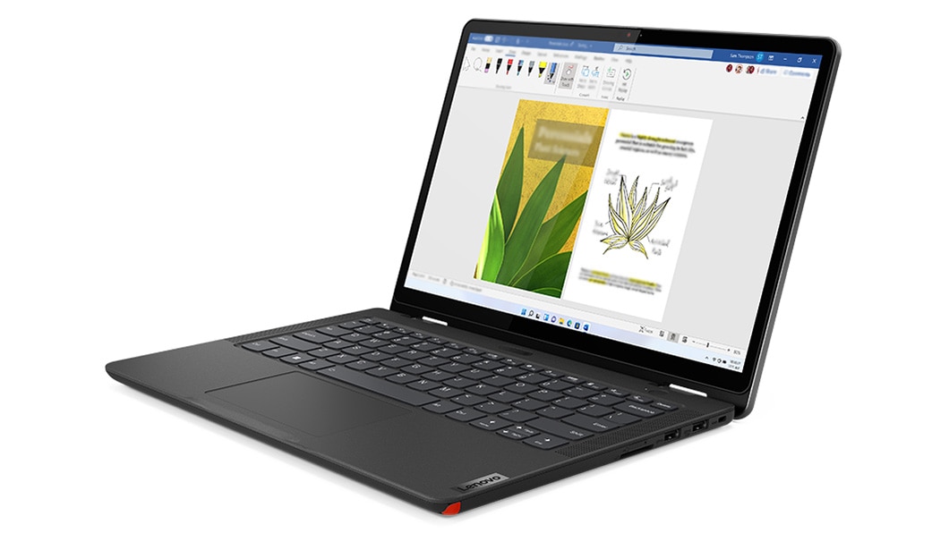 Lenovo 13w Yoga Gen 2 (13” AMD) 2-in-1 laptop—right front view in laptop mode, with lid open and display showing photo editing software with an image of what appears to be an agave plant