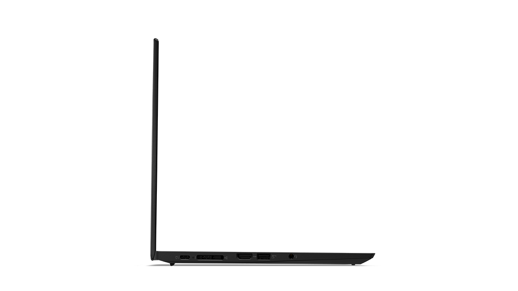 Perfil do portátil Lenovo ThinkPad T14s (2.ª geração) em Black, aberto a 90 graus, a mostrar as portas do lado esquerdo.