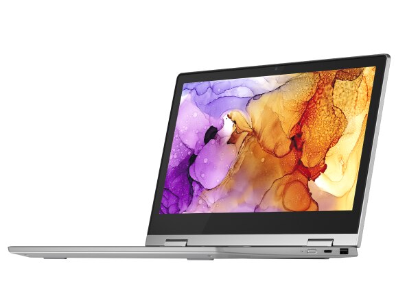 Left three-quarter view of silver Lenovo IdeaPad Flex 3 11 ADA laptop