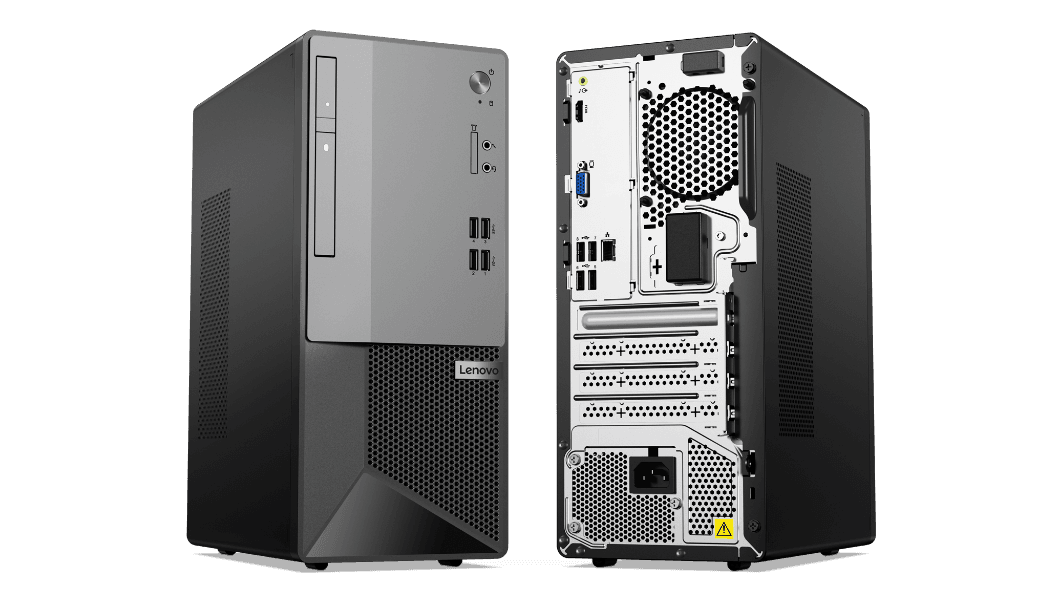Two Lenovo V55t Gen 2 Tower PCs, one facing front and one back, with both angled slightly to show left side vent.