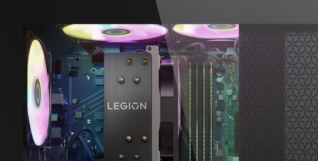 Photo illustration depicting the interior of the Legion Tower 5 Gen 8 (AMD) gaming PC—as if looking through the optional glass panel to reveal the inside components.