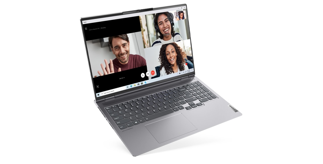 Lenovo ThinkBook 16p Gen 2 (16'' AMD) laptop – ¾ left-front view from slightly above, with lid open and video conference participants on the display