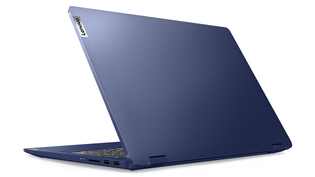 Rear view of Abyss Blue IdeaPad Flex 5i in laptop mode with Lenovo logo