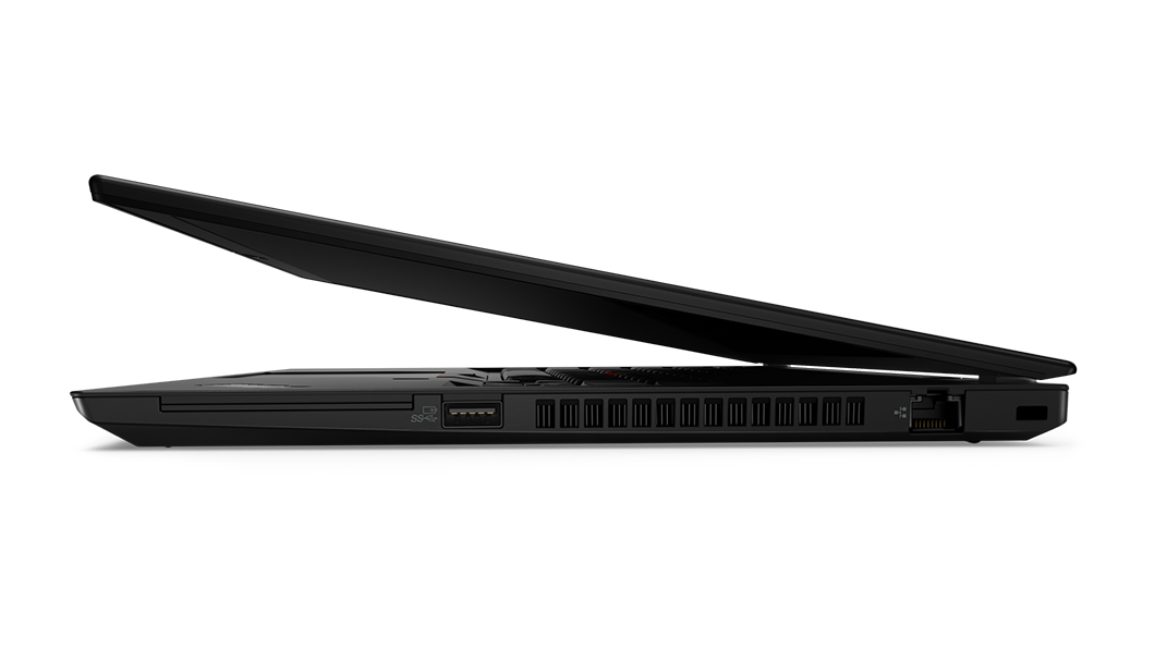 Profilbillede af højre porte på Lenovo ThinkPad T14 Gen 2 (14'' AMD) bærbar computer åbnet ca. 10 grader.