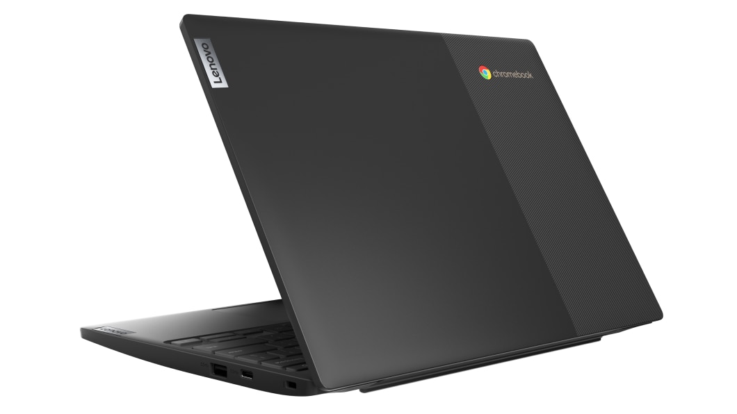 Vista trasera de tres cuartos del lateral izquierdo del Lenovo IdeaPad 3 Chromebook 11 AMD