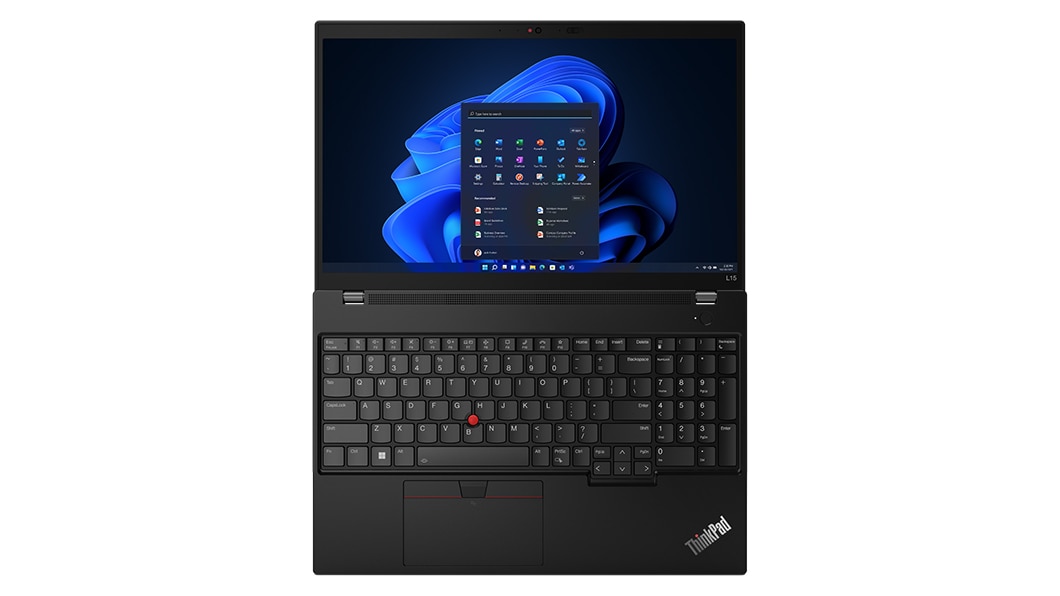 Lenovo ThinkPad L15 Gen 4 (15” Intel) laptop—view from above, lid open 180 degrees, with Windows menu on the display