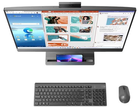 IdeaCentre AIO 5i Gen 7 top view with keyboard and mouse and smartphone, Windows 11 on screen with multiple other apps