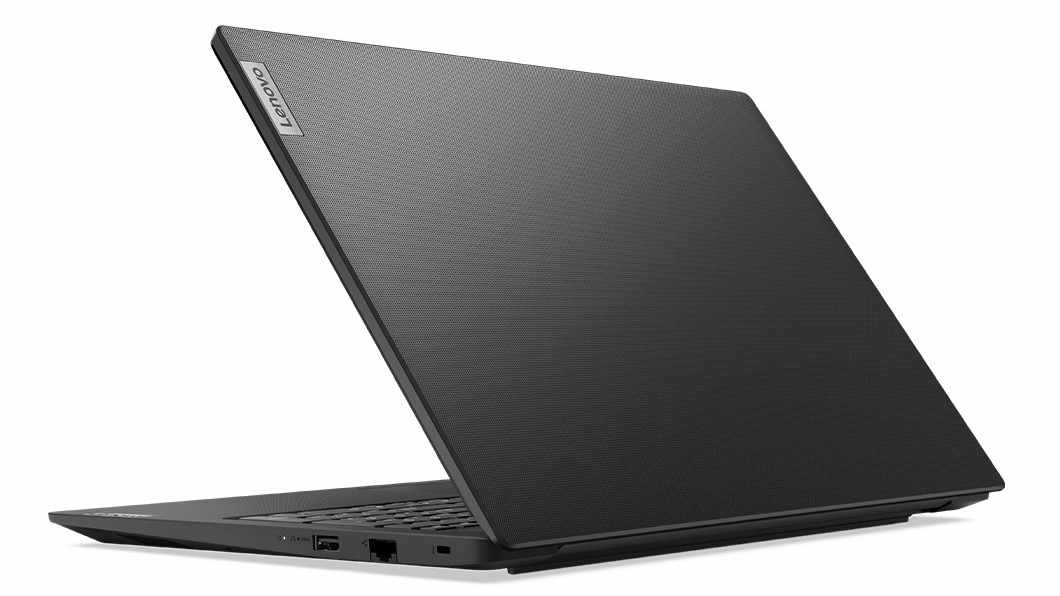 Rear side of Lenovo V15 Gen 4 laptop in Basic Black, showcasing top cover & right-side ports.