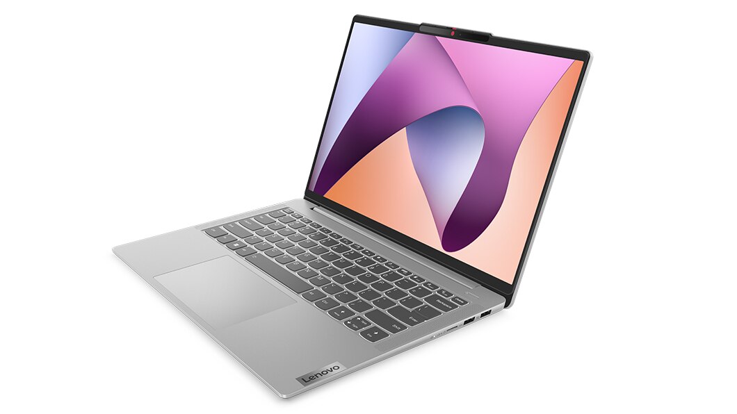 Left-facing front view of 14-inch Lenovo IdeaPad Slim 5 AMD open to 100 degrees showing keyboard and display.