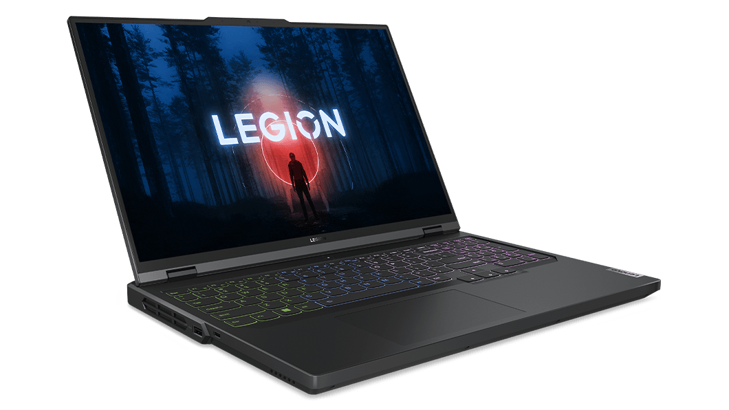 Legion 5 Pro Gen 8 (16″ AMD) front facing right laying flat with screen on