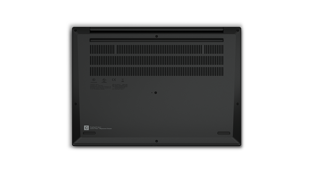 Parte inferior da workstation móvel Lenovo ThinkPad P1 (4.ª geração) a mostrar os orifícios de ventilação.