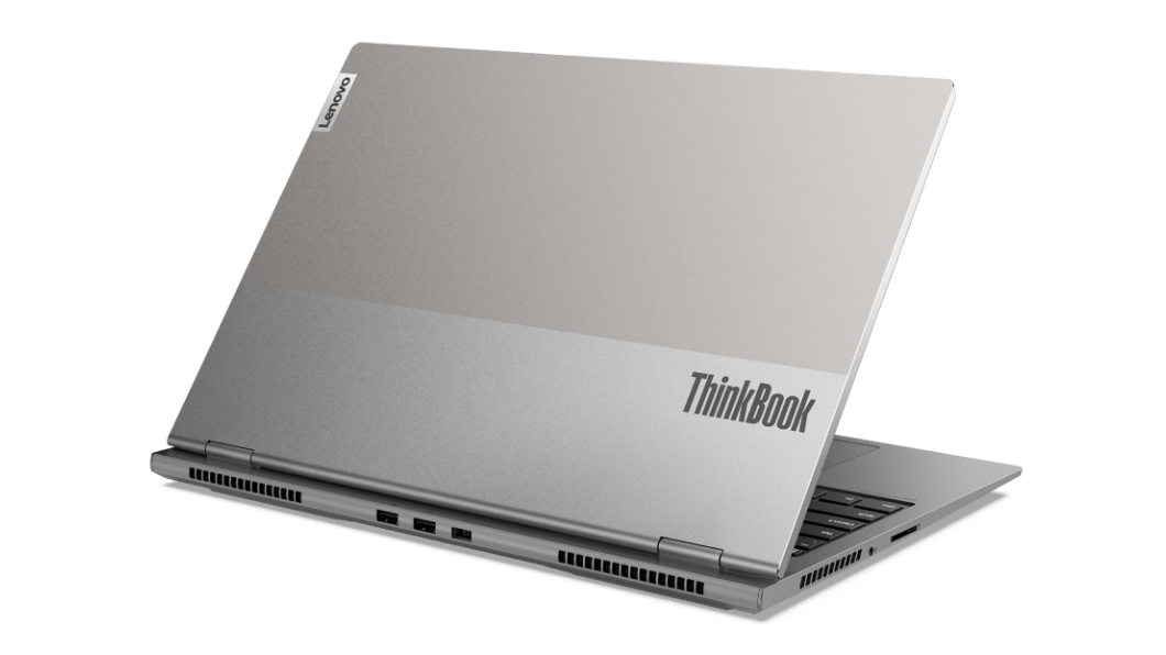 Vista trasera de la laptop para empresas Lenovo ThinkBook 16p 2da Gen (16”, AMD) abierta a 70°