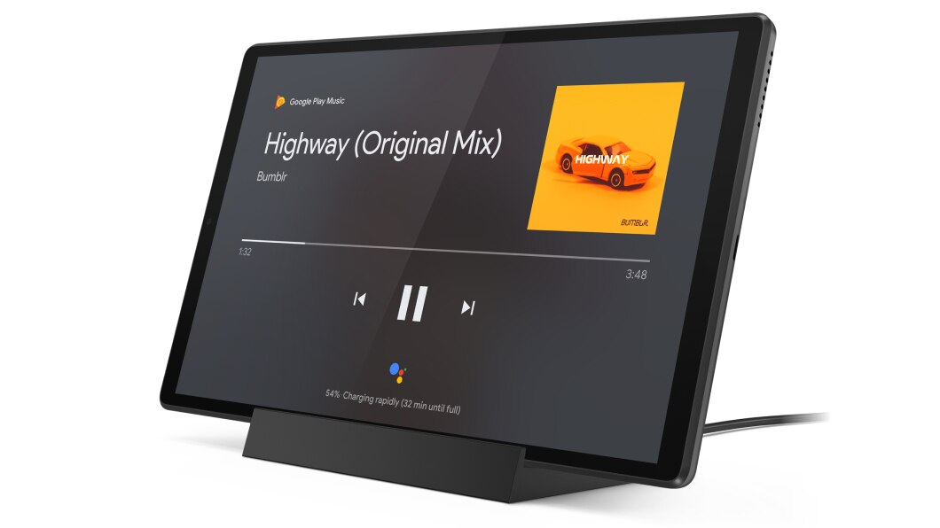 Lenovo Smart Tab M10 HD (2. generasjon) med Google Assistant, som spiller av musikk på smartdokken