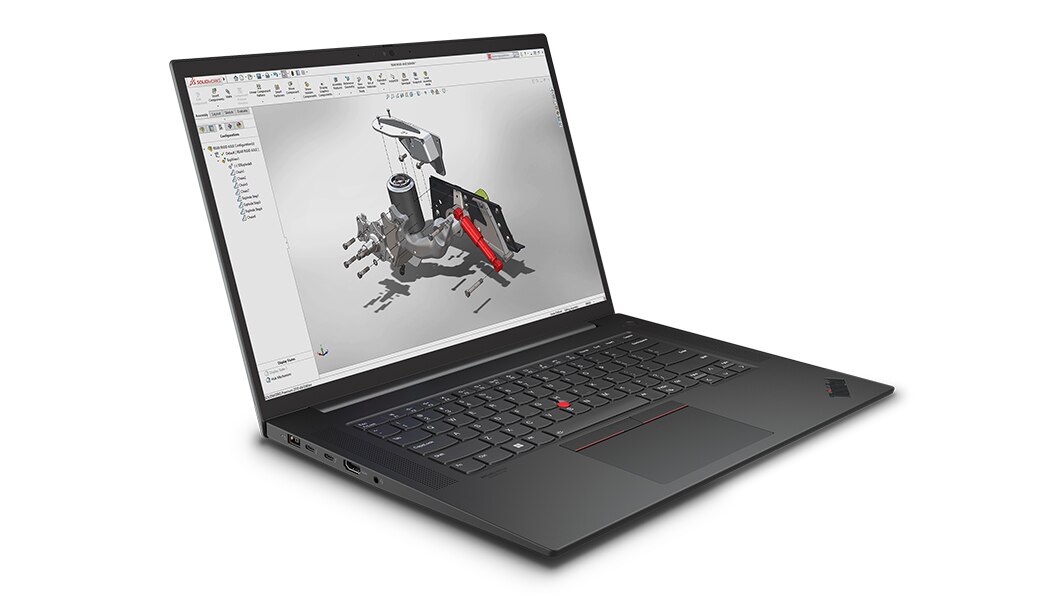 Forward-facing  Lenovo ThinkPad P1 Gen 6 (16″ Intel) mobile workstation, opened at an angle, showing full keyboard, display with mechanical drawings on screen, & left-side ports