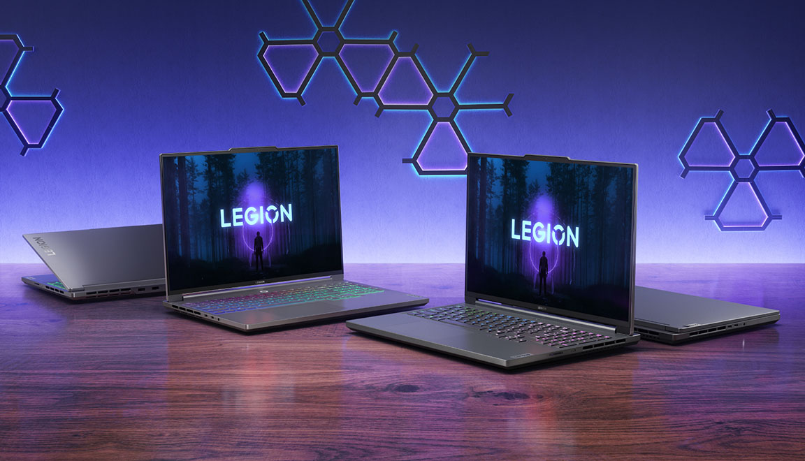 Four Lenovo Legion Slim laptops on a table
