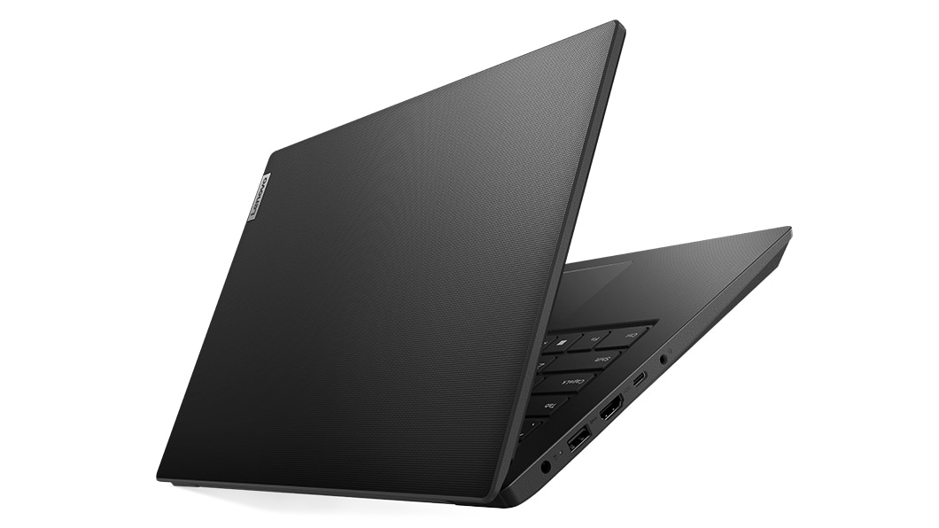 Linkerzijaanzicht van een gedeeltelijk in V-vorm geopende Lenovo V14 Gen 3-laptop (14'' AMD), met voorklep en een deel van het toetsenbord