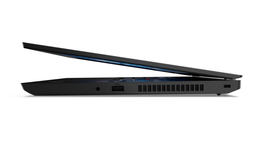 Rechterzijaanzicht van de Lenovo ThinkPad L14 Gen 2 (Intel)-laptop, ongeveer 10 graden geopend.