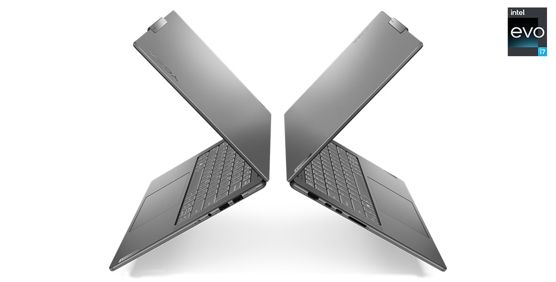 Left and right views of the Lenovo Yoga Pro 9i Gen 8 (14 Intel) opened 90 degrees, in an x-shaped composition