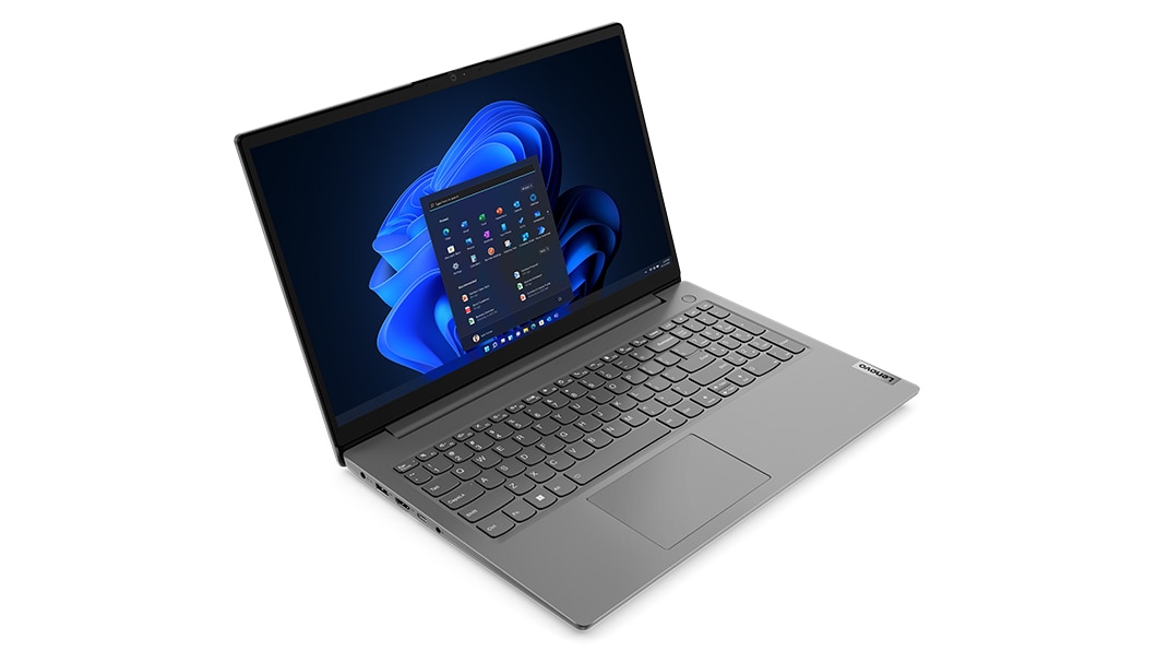 Gedeeltelijk linkerzijaanzicht van Lenovo V15 Gen 3-laptop (15” AMD), opengeklapt, met scherm, toetsenbord en poorten