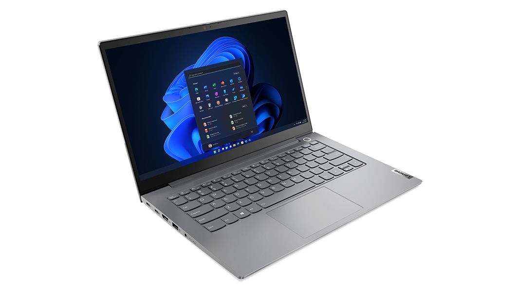 Lenovo ThinkBook 14 Gen 4 (14 tuumaa, AMD) -kannettava – ¾-näkymä etuvasemmalta ja hieman ylhäältä, kansi avattuna