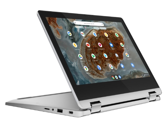 IdeaPad Flex 3 Chromebook Gen 6 (11'' MTK) stand mode, front facing at right angle, screen on, Arctic Grey
