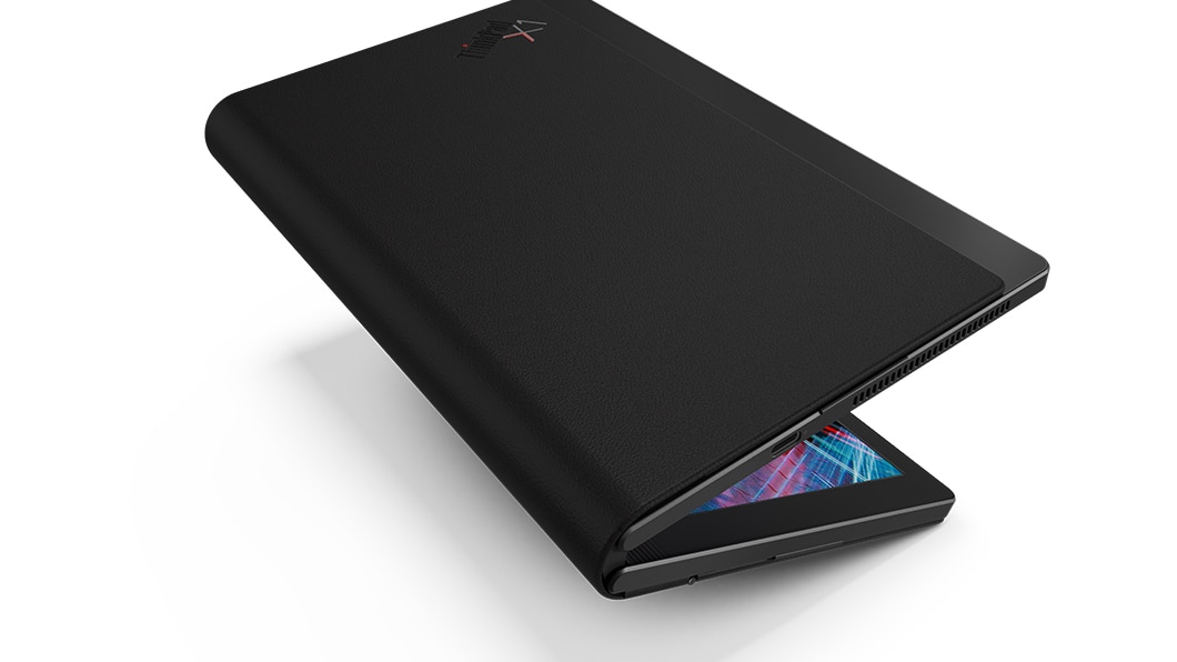 Hieman avattu Lenovo ThinkPad X1 Fold, kolmen neljäsosan näkymä takaa oikealta