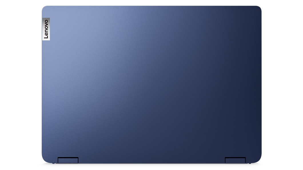 Abyss Blue ‑värinen IdeaPad Flex 5i ylhäältä kuvattuna, kansi suljettuna, Lenovo-logo näkyvissä.