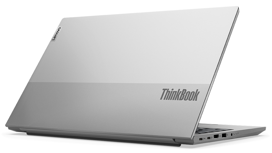 Rear view of dual-tone top cover on the Lenovo ThinkBook 15 Gen 5 laptop & left-side ports.
