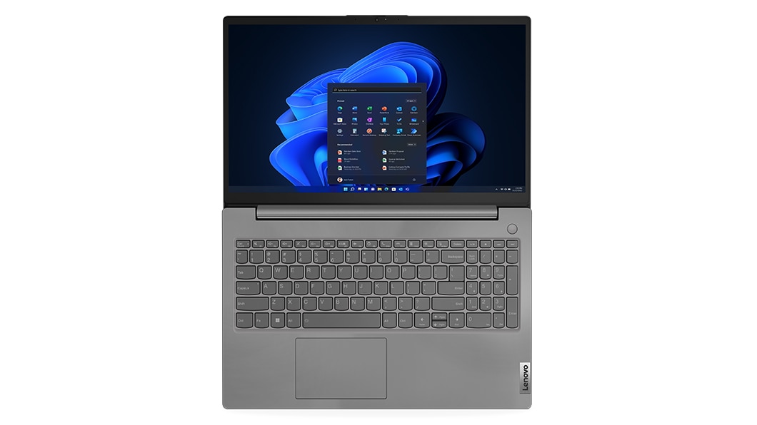 Bovenaanzicht van Lenovo V15 Gen 3-laptop (15” AMD), 180 graden plat opengeklapt, met scherm en toetsenbord