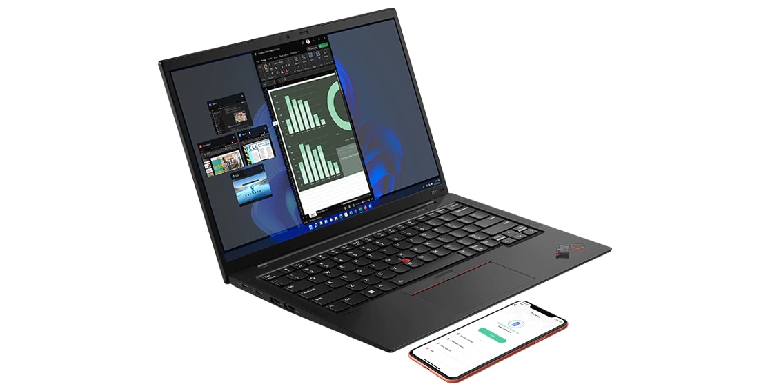 Bærbar Lenovo ThinkPad X1 Carbon Gen 11, åbnet 90 grader let på skrå for at vise porte på venstre side med en smartphone ved siden af.