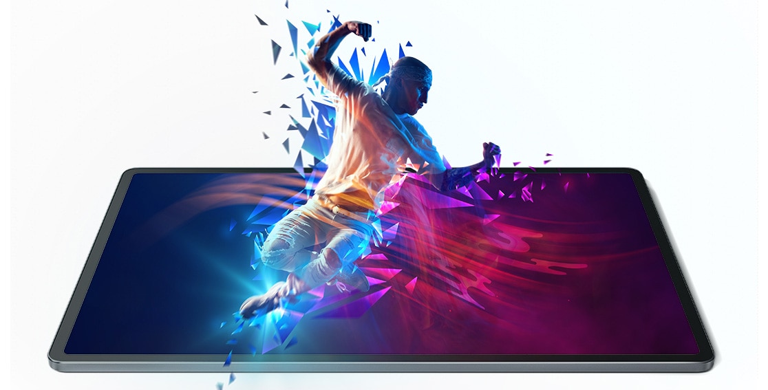 Vue de face de la tablette Lenovo Tab Extreme, montrant l’écran coloré avec un personnage animé qui semble sortir de l’écran