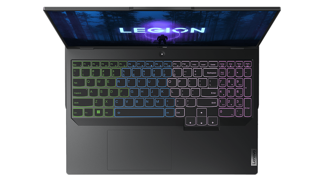 Vista superior del Legion Pro 5i Gen 8 (16'' Intel) con el teclado retroiluminado RGB encendido