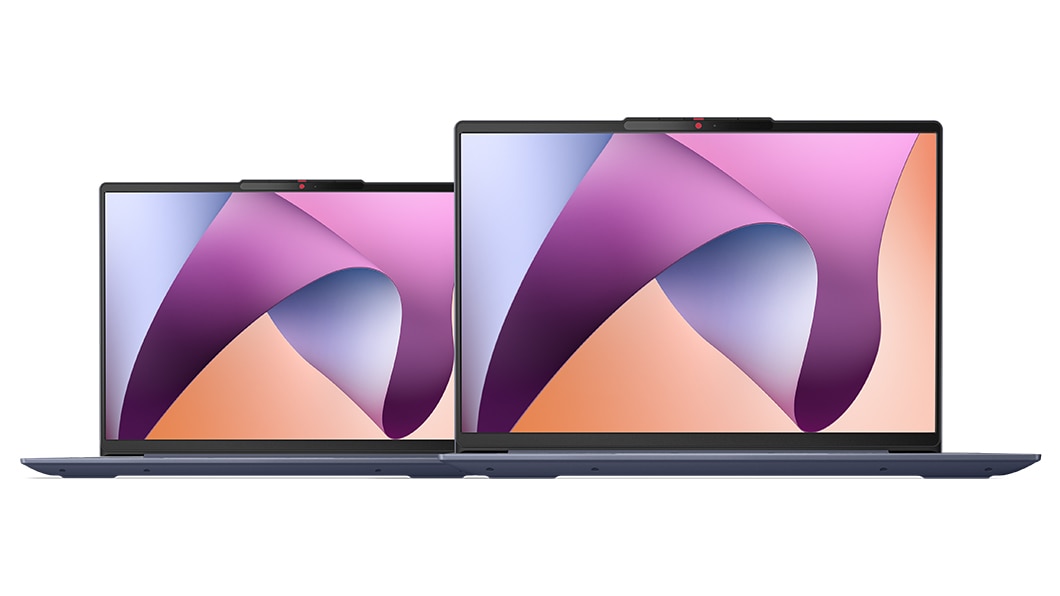 Straight frontal view of two 14-inch Lenovo IdeaPad Slim 5 AMD laptops, one behind the other, both open to 90 degrees and showing displays.