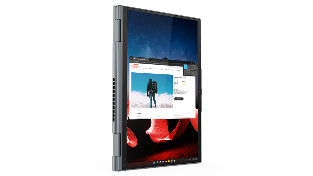 Lenovo ThinkPad X1 Yoga Gen 8 2-en-1 en mode tablette vertical.
