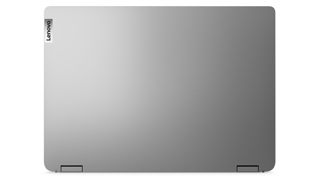 Artic Grey ‑värinen IdeaPad Flex 5i ylhäältä kuvattuna, kansi suljettuna, Lenovo-logo näkyvissä.