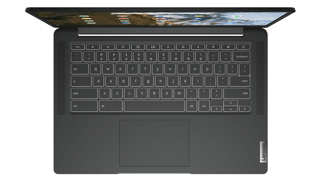 Vista dall'alto dell'IdeaPad 5i Chromebook di sesta generazione (Intel da 14”), con tastiera e touchpad