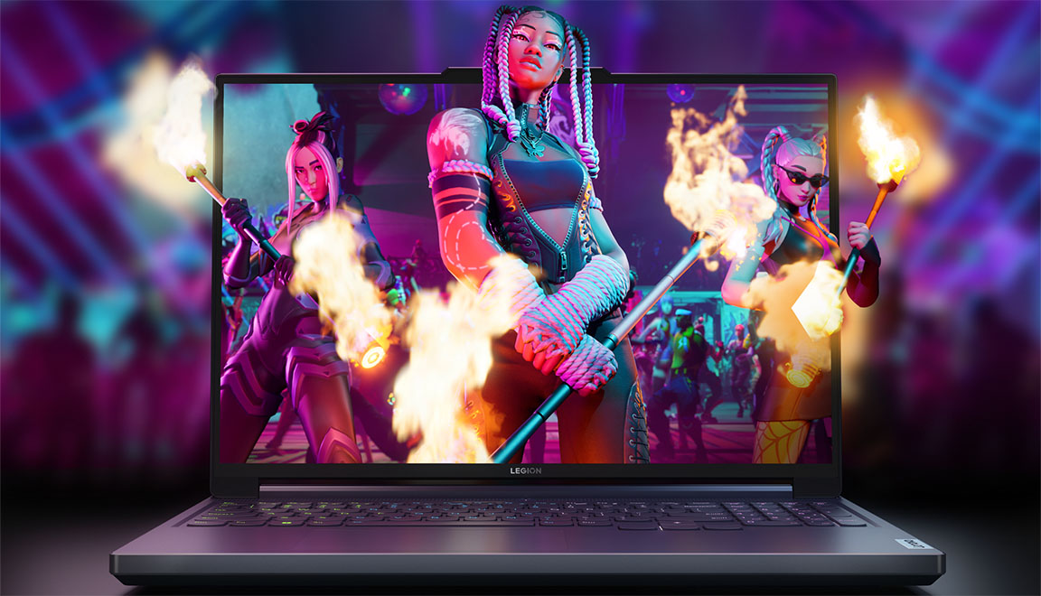 Lenovo Legion Slim 5i laptop with videogame characters coming out of the display