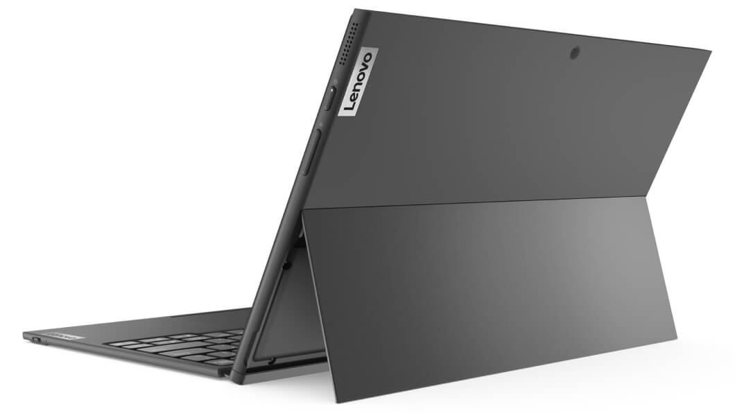 Vue arrière du Lenovo IdeaPad Duet 3i en mode portable, montrant le support