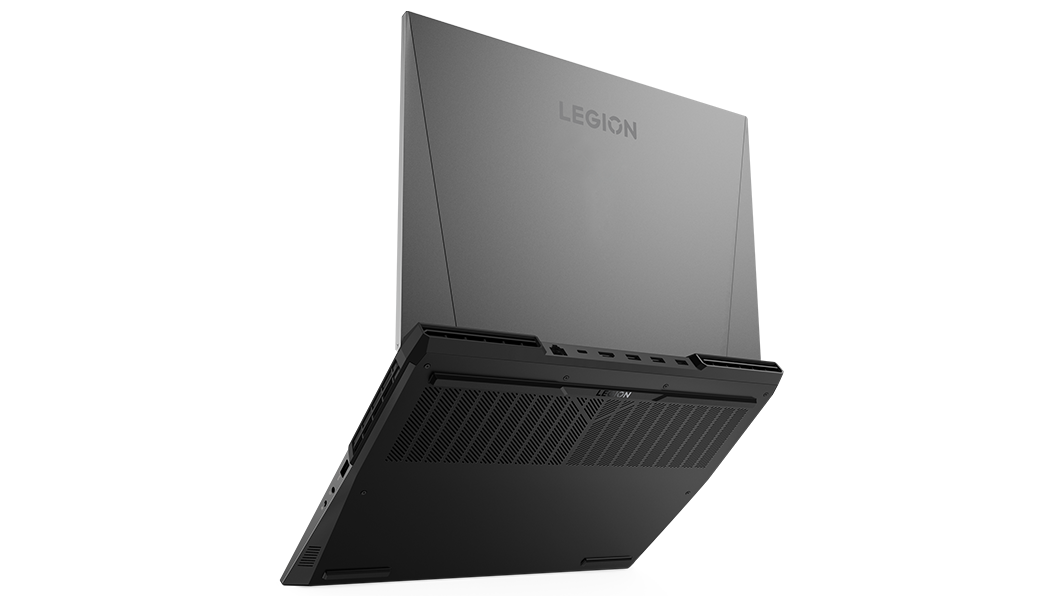 Vista laterale del coperchio superiore e posteriore del notebook da gaming Lenovo Legion 5i Pro di settima generazione (16'' Intel), aperto
