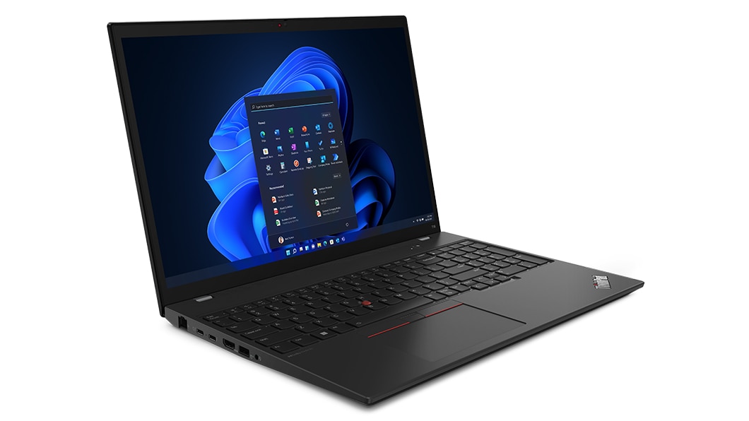 Lenovo ThinkPad T16 Gen 2 (14ʺ Intel) laptop open 90 degrees, angled to show left-side ports, keyboard & display.