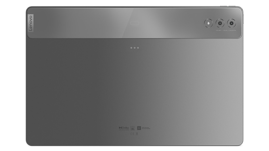 Vue de dessus de la tablette Lenovo Tab Extreme, posée à plat, montrant le cache arrière, le logo Lenovo et les caméras 13 Mpx avec autofocus et 5 Mpx à focale fixe à l’arrière