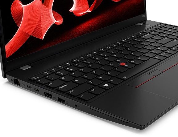 Lenovo ThinkPad L15 Gen 4 (15” AMD) laptop – closeup left-front view, showing ports, lid open