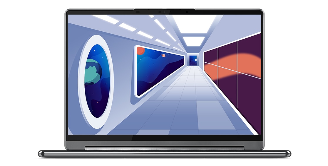 Vista frontal del portátil 2-en-1 Yoga 9i de 8.ª generación en color Storm Grey, abierto en modo portátil, mostrando la pantalla con el pasillo de la nave espacial animada
