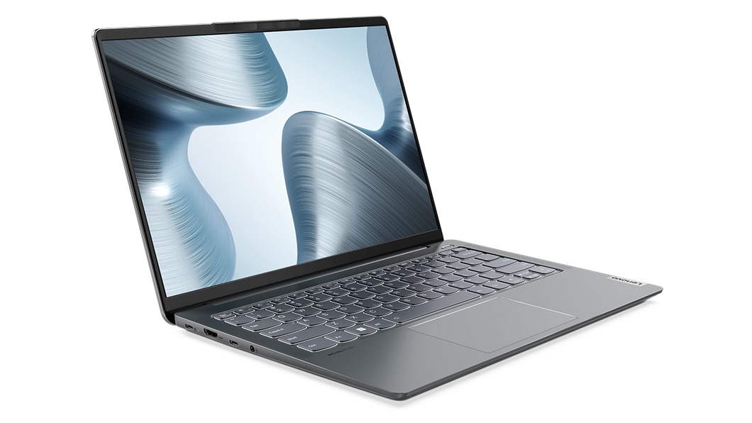 Bild snett från sidan av den bärbara datorn Lenovo IdeaPad 5i Pro Gen 7 i färgen Storm Grey, stående upprätt.