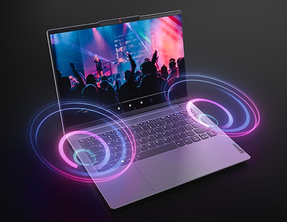Three-quarter right-facing view of 14-inch Lenovo IdeaPad Slim 5 with two concentric digital graphics flowing from speakers to simulate audio.