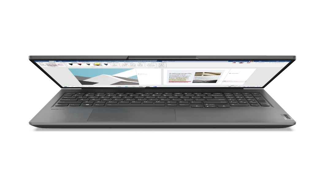 Yoga Slim 7 Pro 6. generasjon, Storm Grey, lokket delvis åpent, skjermen på, vendt forover