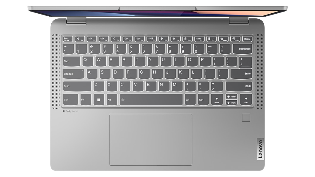 Overhead shot of keyboard on Artic Grey IdeaPad Flex 5i in laptop mode.